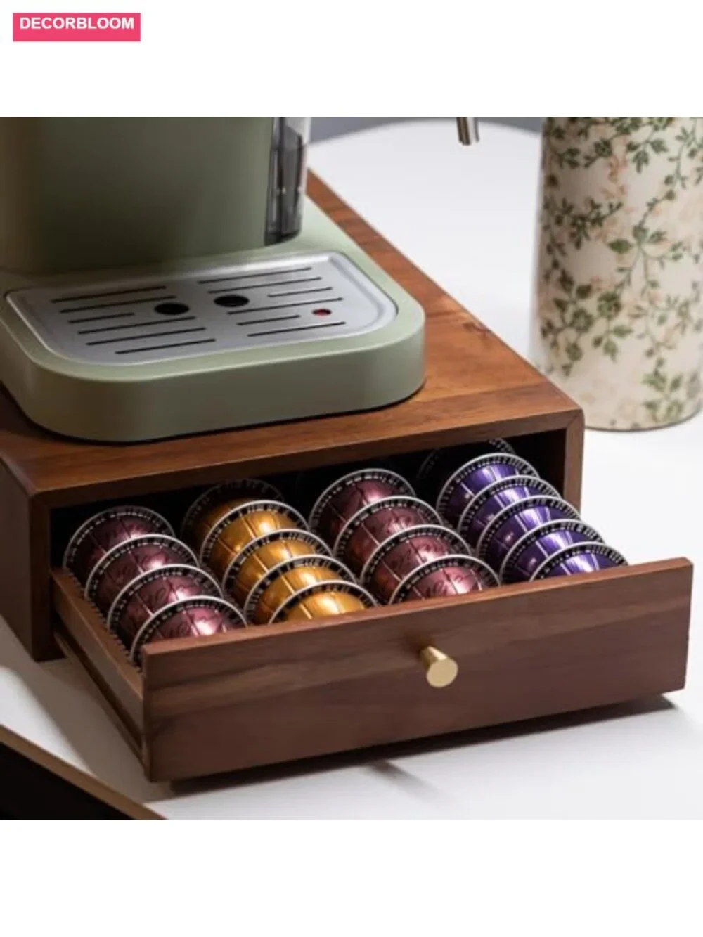 Acacia Wood Coffee Pod Drawer, Nespresso Vertuo Compatible, 40-60 Pod Capacity